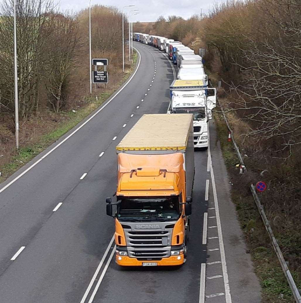 Looking north at Jubilee Way from Upper Road bridge near Dover. Lorries have now started to move