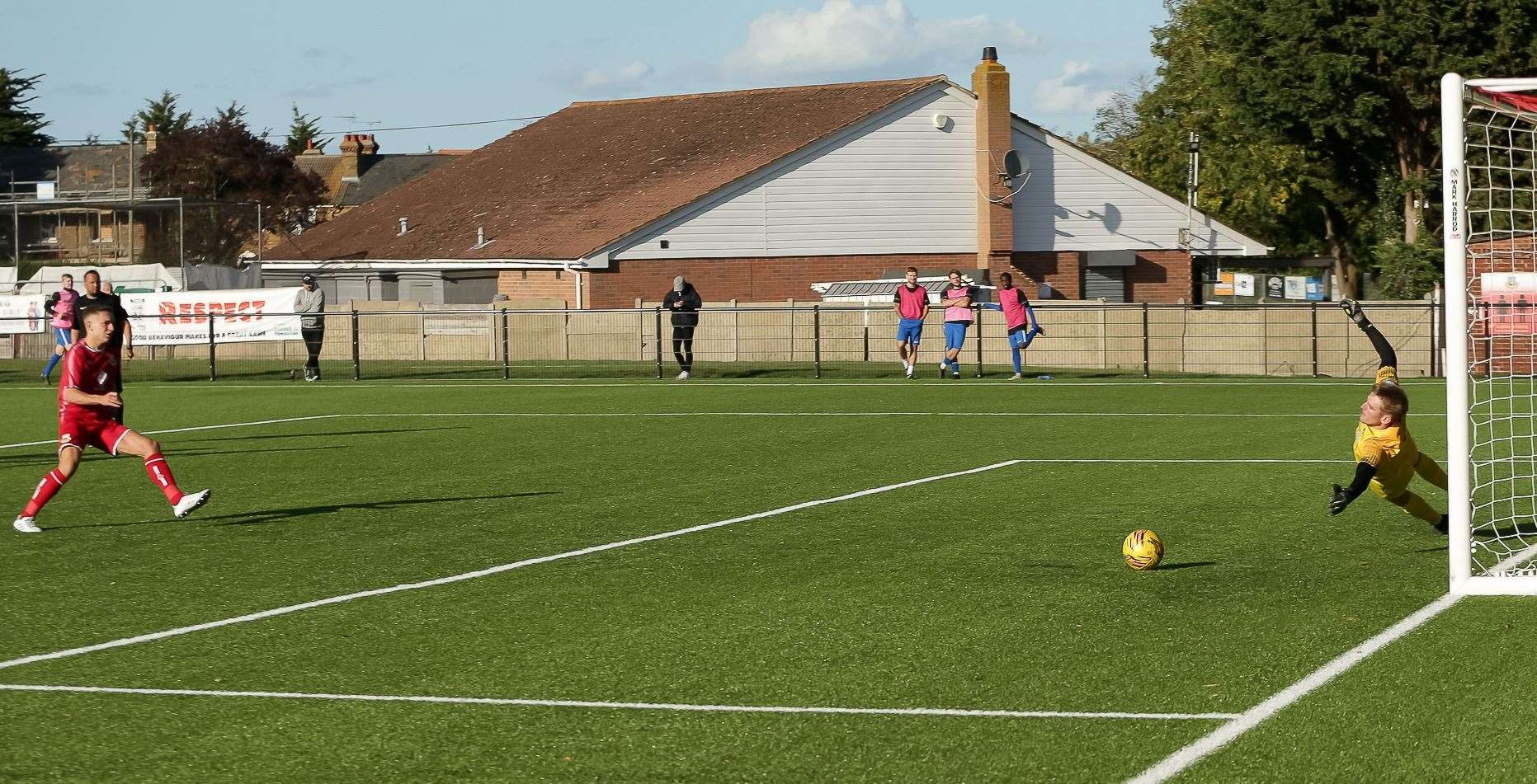 Josh Oliver scores the penalty for the Oystermen. Picture: Les Biggs