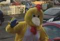 Giant chicken delivering eggs to those in need