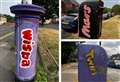 Postboxes spray-painted to resemble chocolate bar wrappers