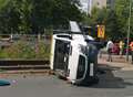 Truck overturned after crash 