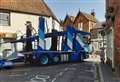 Car transporter stuck in medieval streets