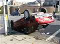 Fallen car almost hits pedestrian