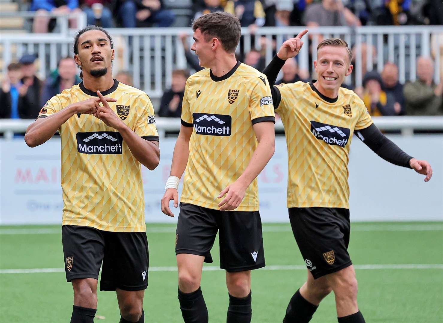 Aaron Blair celebrates his second with Ben Brookes and Sam Corne. Picture: Helen Cooper