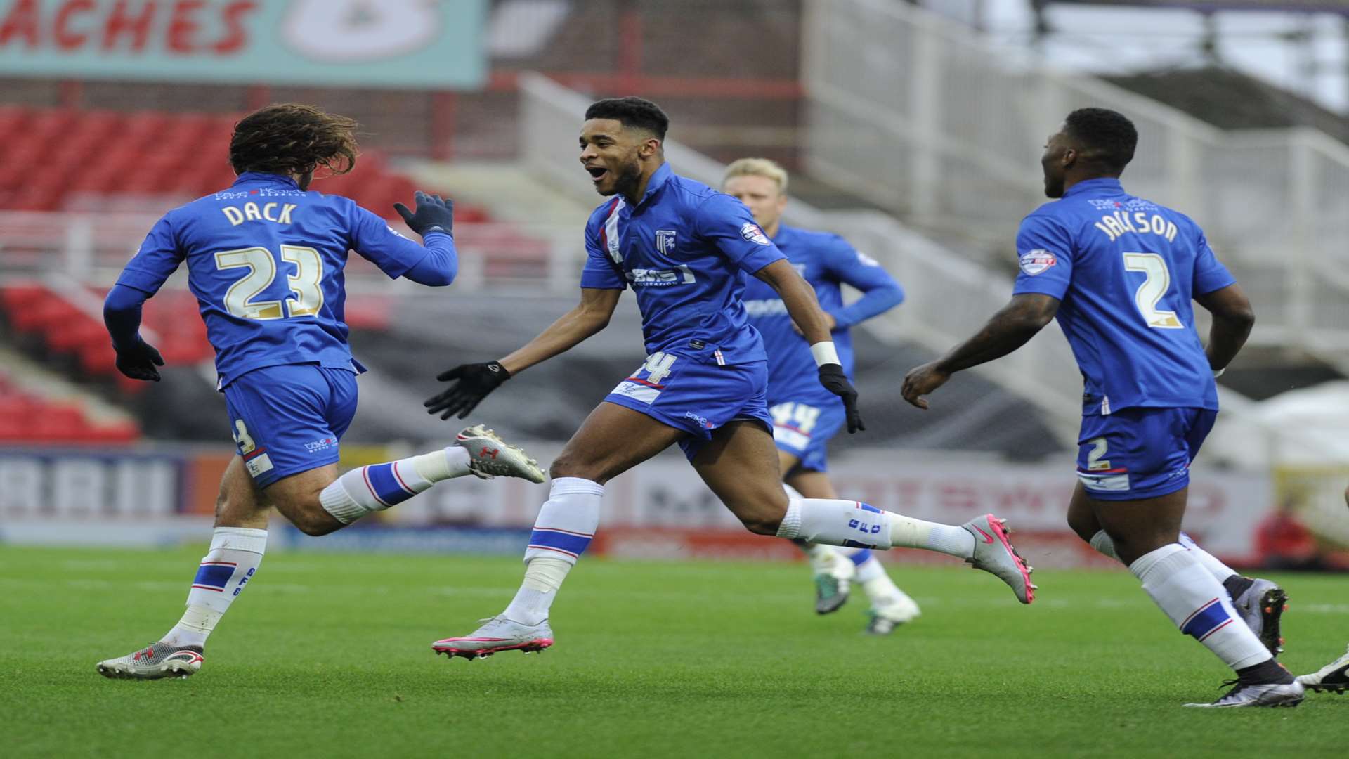 Bradley Dack celebrates putting Gills level at Swindon Picture: Barry Goodwin