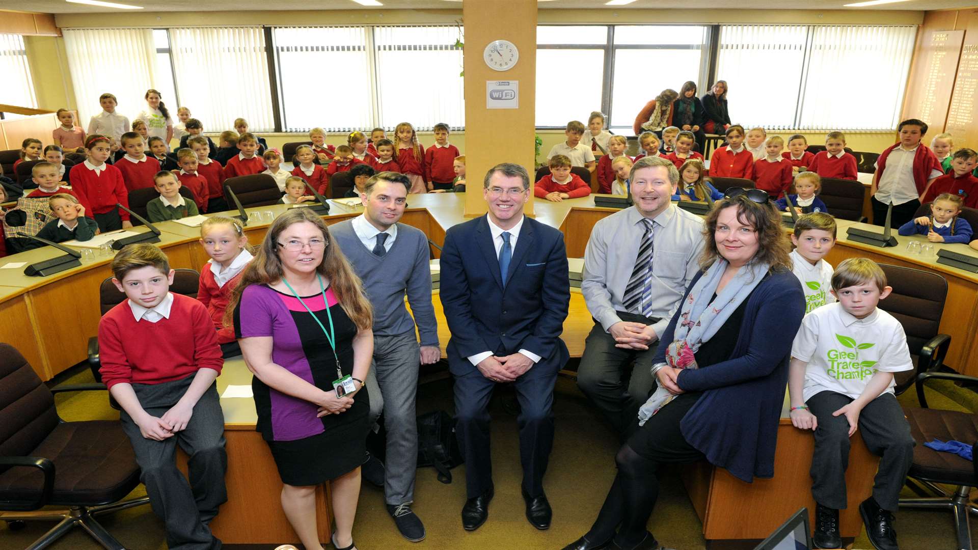 Environmental health officer Sue Kennedy, Andrew Moon from Babybel, Cllr Mike Whiting, and Simon Dolby and Katie McDaniel from KM Charity Team at the Swale Green Travel Champions launch