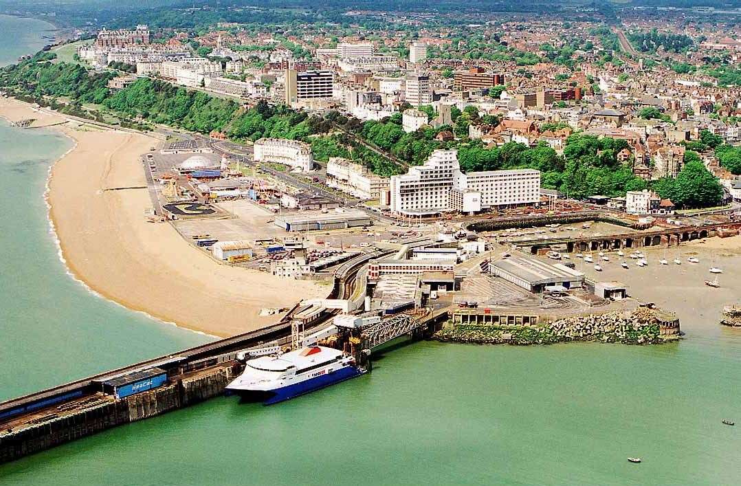 Folkestone harbour with a Seacat catamaran berthed in the 1990s. The Rotunda is to the left of the picture by the beach and just behind the catamaran is the Grand Burstin hotel. Picture: Dover Strait Shipping - FotoFlite