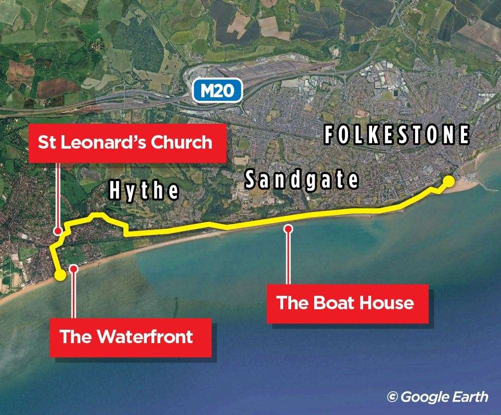 The route of our coastal walk from Folkestone to Hythe