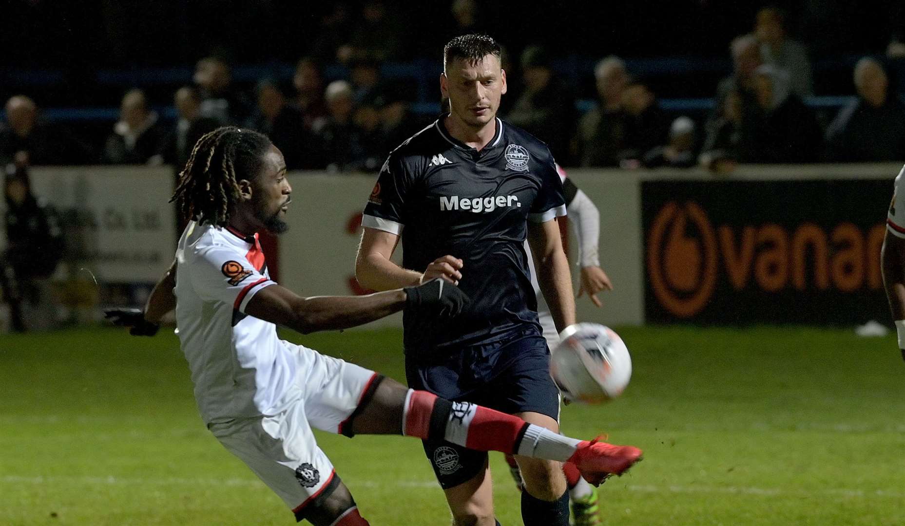 Dover defender Jake Goodman was sent off when giving away a second-half penalty in the loss to Worthing. Picture: Stuart Brock