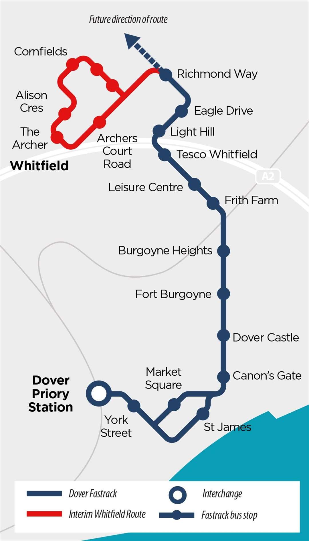 A map showing where the Dover Fastrack route is set to run