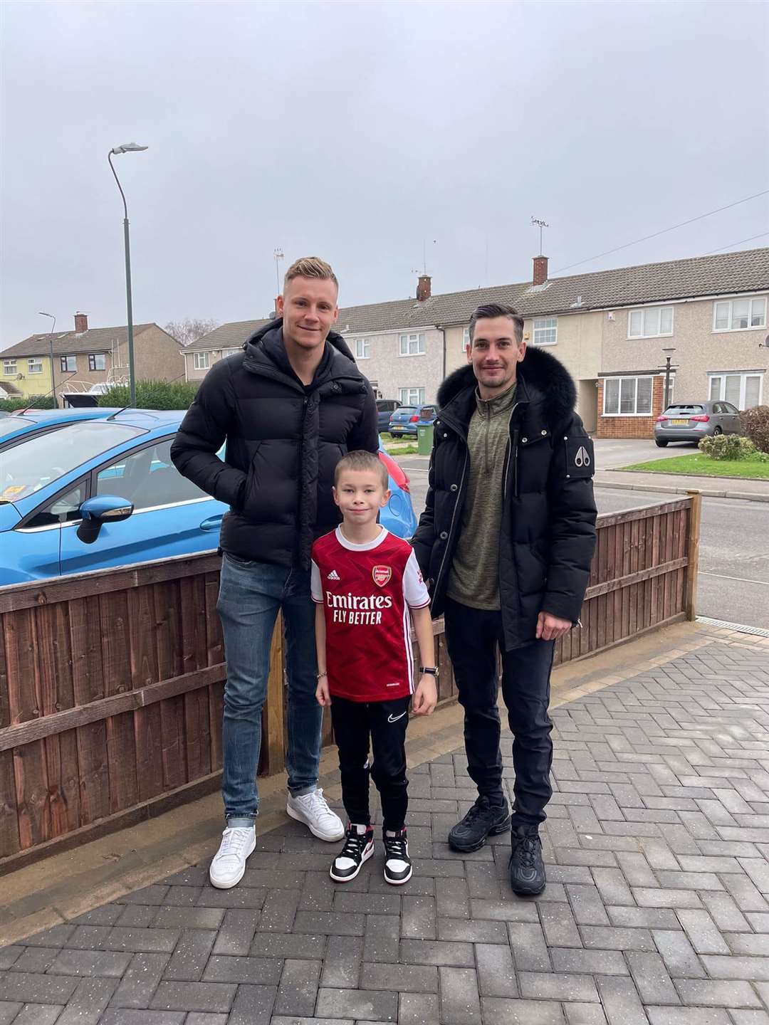 Arsenal fan James, 9, from Dartford, received a surprise visit from Arsenal goalkeeper Bernd Leno. Photo: Anita Marinelli