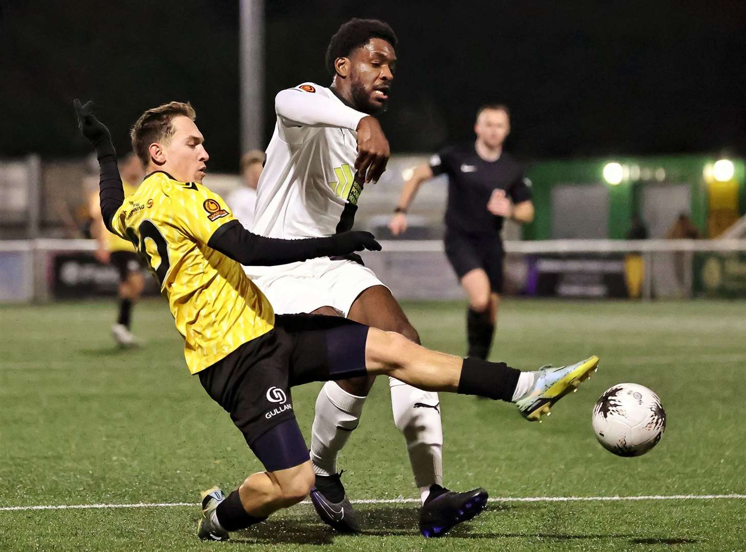 Maidstone’s Matt Rush looks to get the better of Dartford centre-half Manny Adebowale. Picture: Helen Cooper