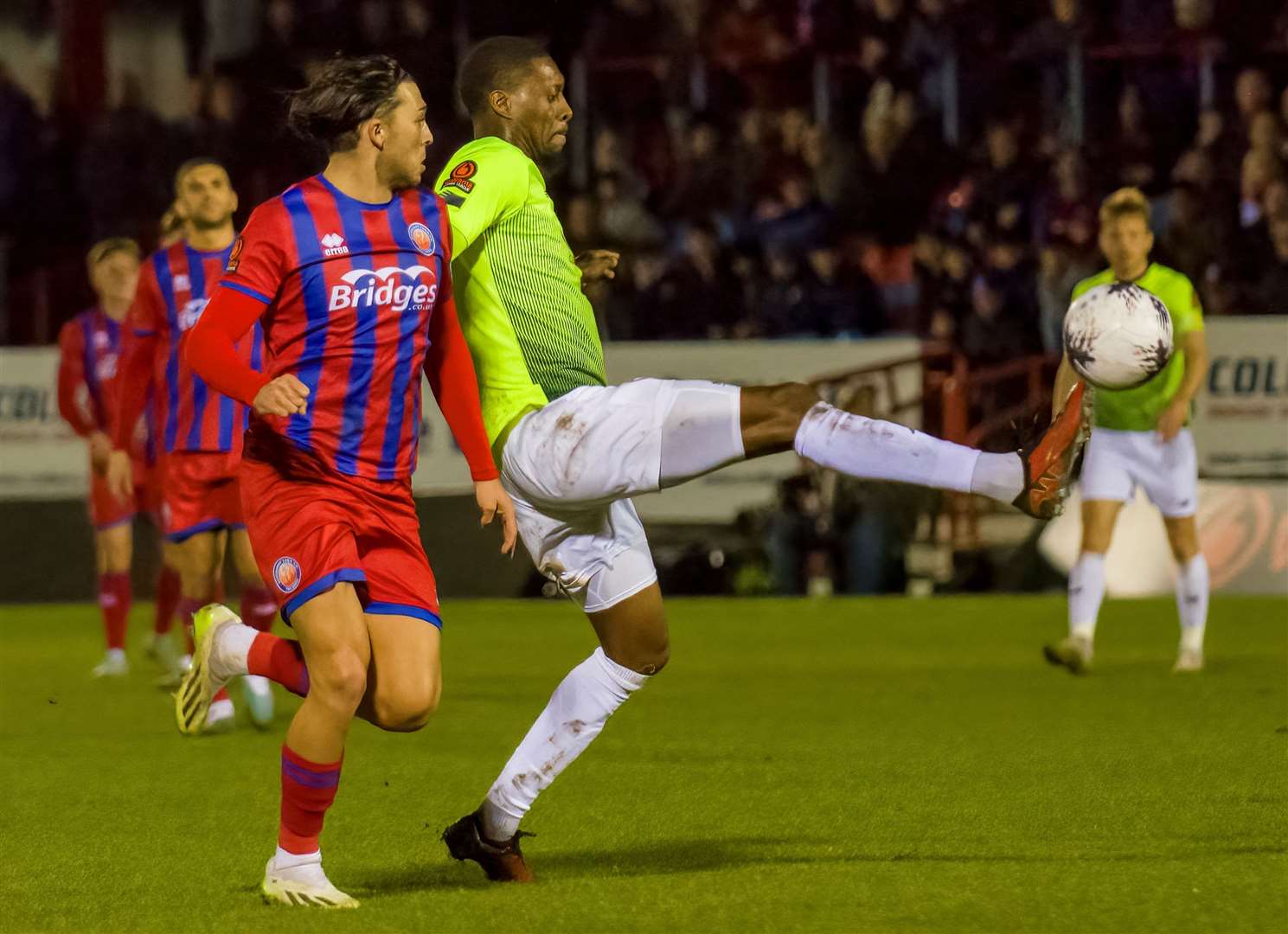 Ebbsfleet's Rakish Bingham tries to bring the ball under control at Aldershot on Tuesday. Picture: Ed Miller/EUFC