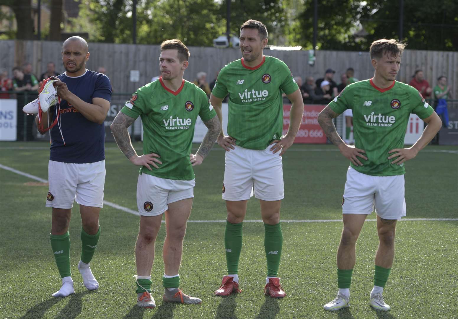 Ebbsfleet players cannot believe the result after going so close to victory at Dorking in the National League South play-off final. Picture: Barry Goodwin