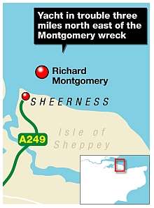 The yacht got into difficulties close to the wreck of the SS Richard Montgomery off the coast of Sheerness. Graphic: Ashley Austen