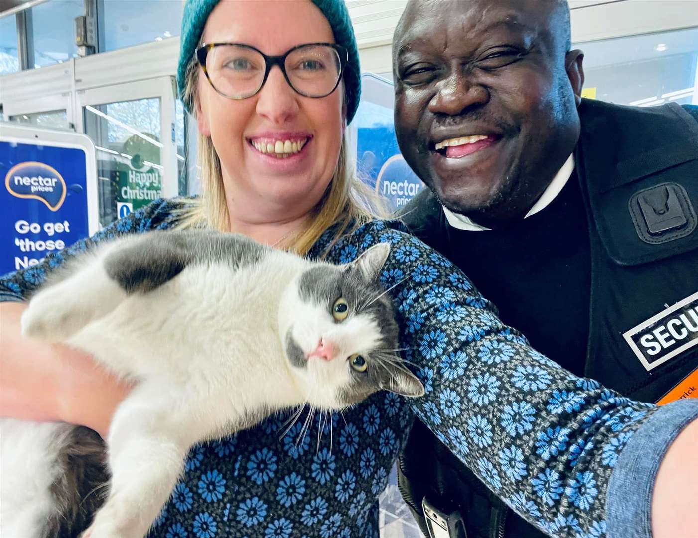 Canterbury city councillor Charlotte Cornell gets help from Sainsbury's security in capturing Griffin. Picture: Charlotte Cornell