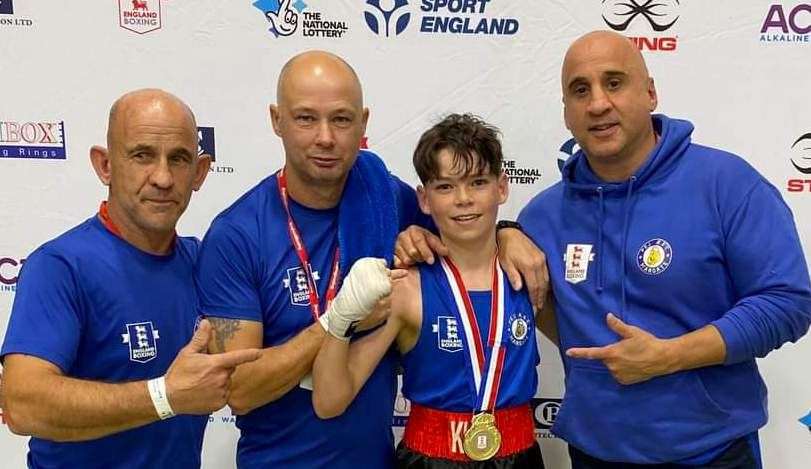 Kian Hardy with PEJ ABC Margate coaches Mario Michael, Pete Jane and Ian McDonald