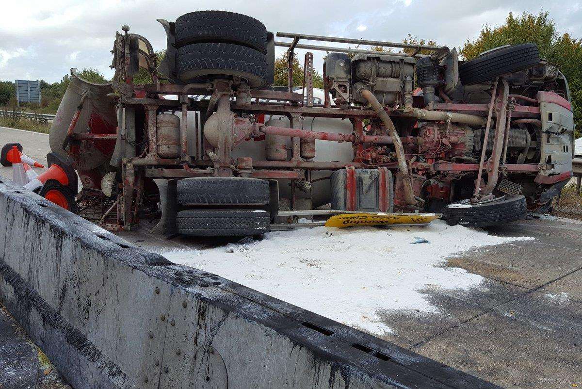 This is the scene after a cement mixer overturned on the M20. Picture: Highways England (4284355)