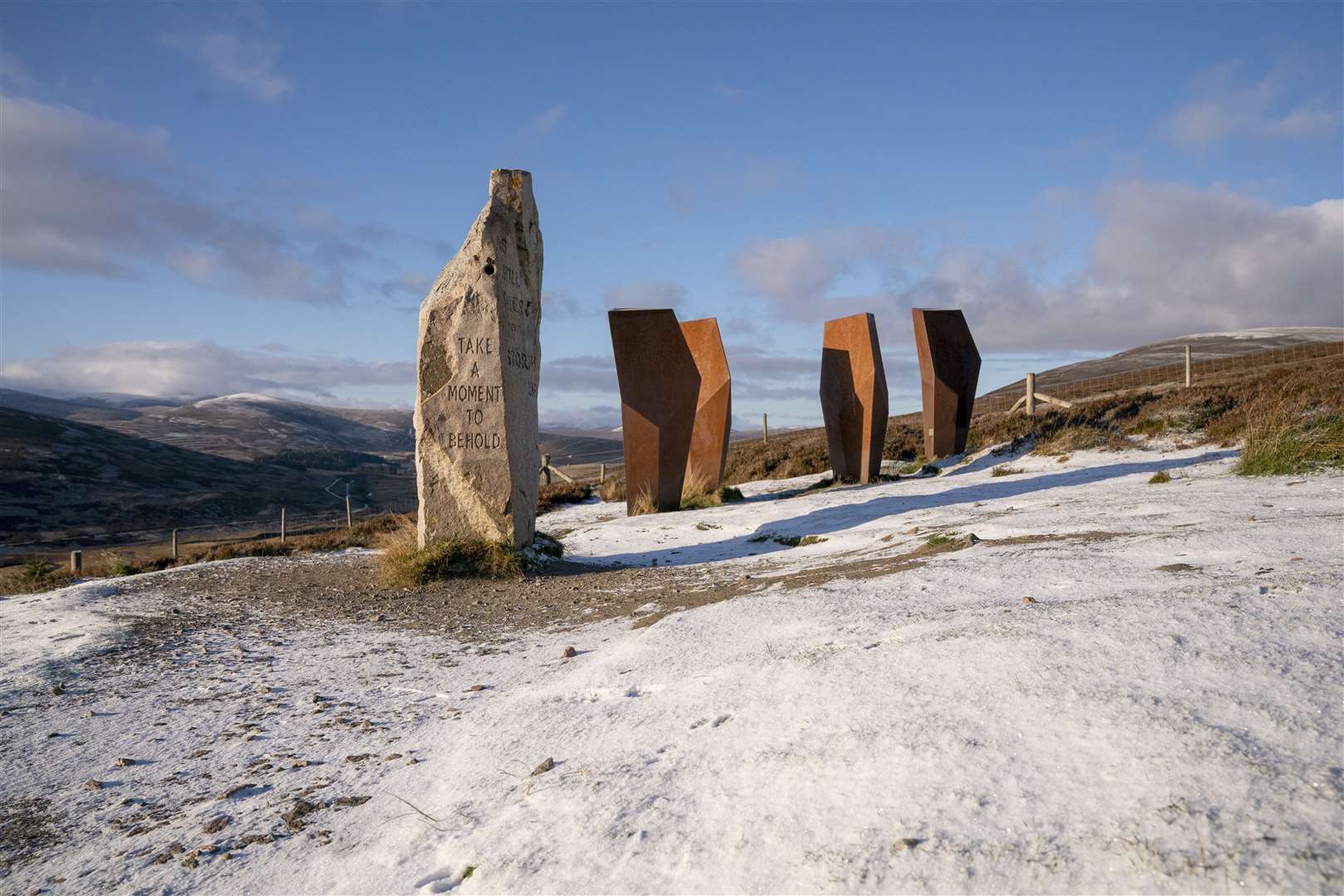 Snow and ice surrounding The Watchers sculpture at Corgaff in Aberdeenshire (Jane Barlow/PA)