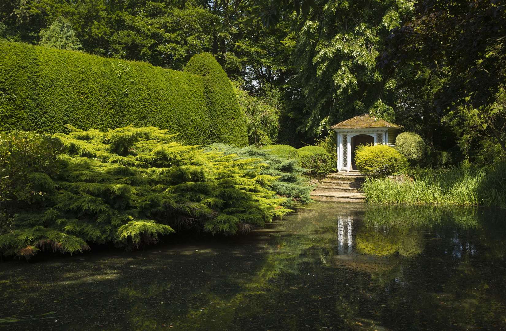 You can look out over the large lake from the comfort of a pagoda-type structure