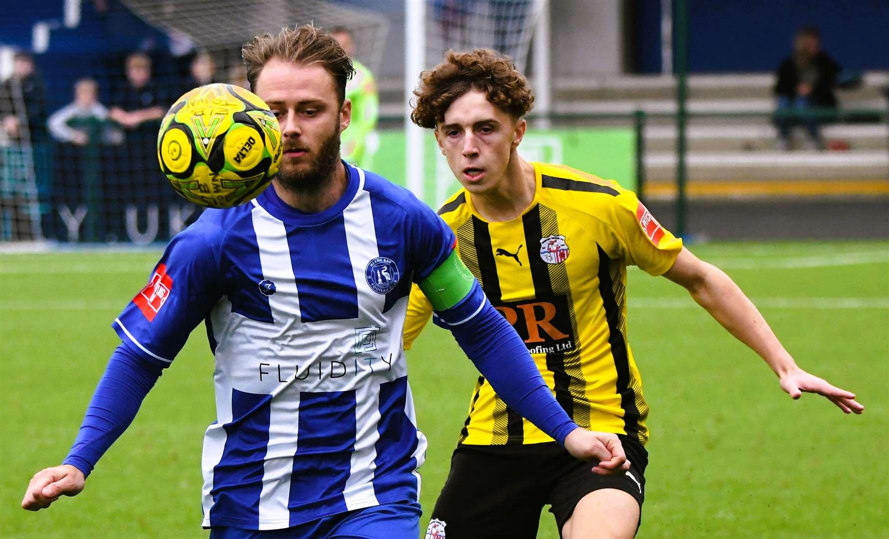 Herne Bay skipper Jack Parter gets ahead of Sheppey in last weekend’s 4-0 home Isthmian South East defeat. Picture: Marc Richards