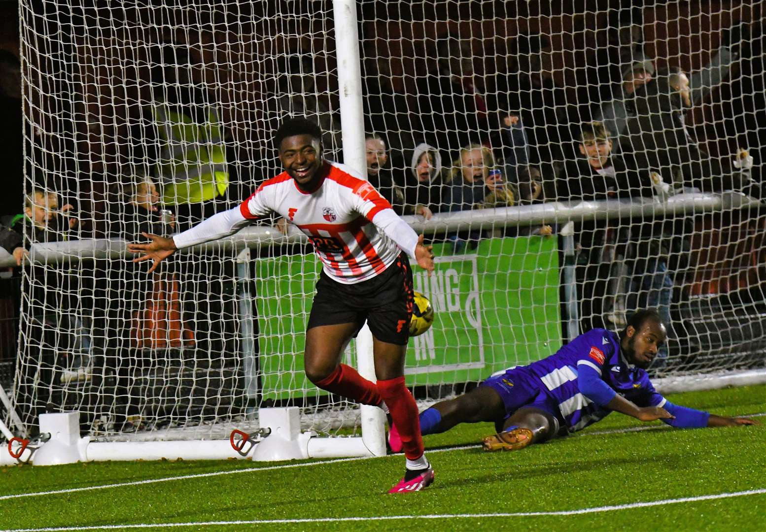 Javaun Splatt celebrates scoring his goal for Sheppey United against East Grinstead Town and added two more to his tally on Tuesday night Picture: Marc Richards