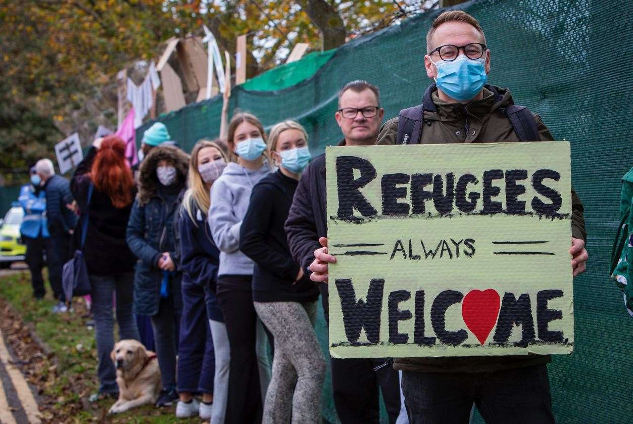 Residents and community groups stage welcome event for refugees at Napier Barracks. Picture: Andrew Aitchison/In Pictures via Getty Images