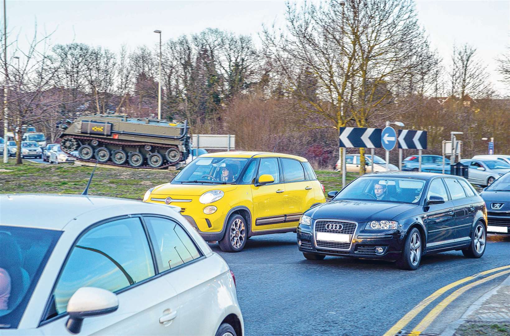 Traffic merging from two lanes into one just after the Tank roundabout