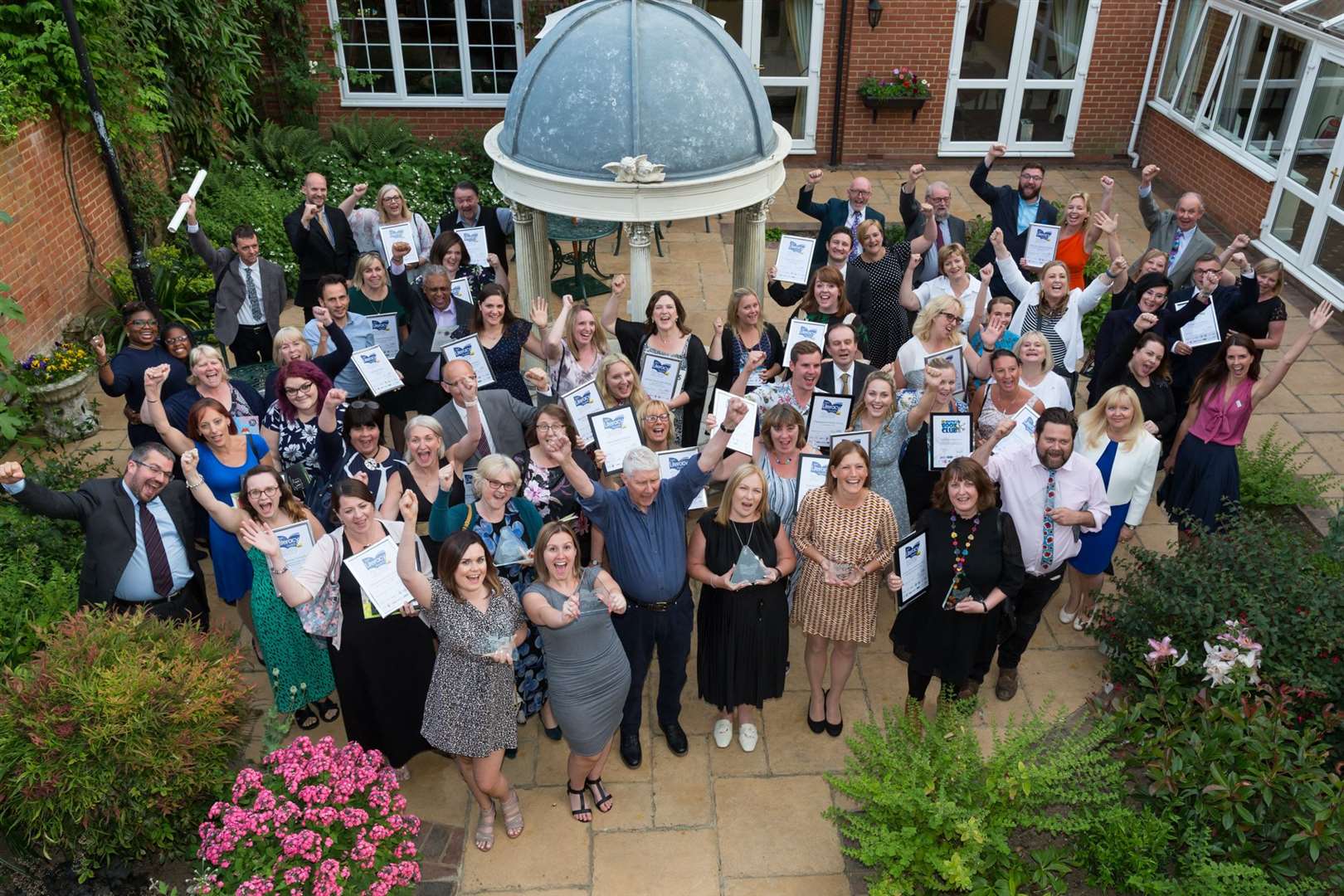 Overall champions plus sponsors and Nick Butterworth (front, centre) celebrate at the Kent Literacy Awards 2019 at Hempstead House, Bapchild.