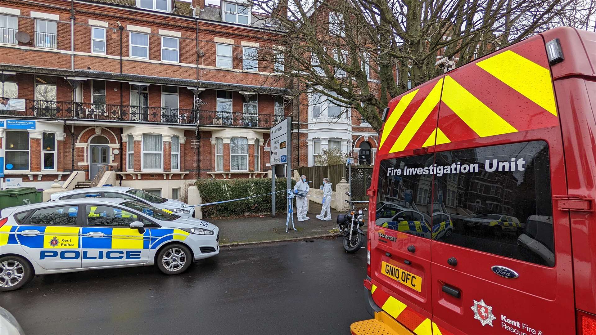 Forensic teams are at the site of the fire in Shorncliffe Road