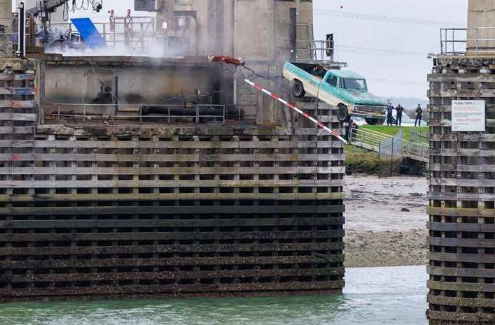 A stunt on the Kingsferry Bridge for the movie The Beekeeper starring Jason Statham. Pictures: Click News and Media