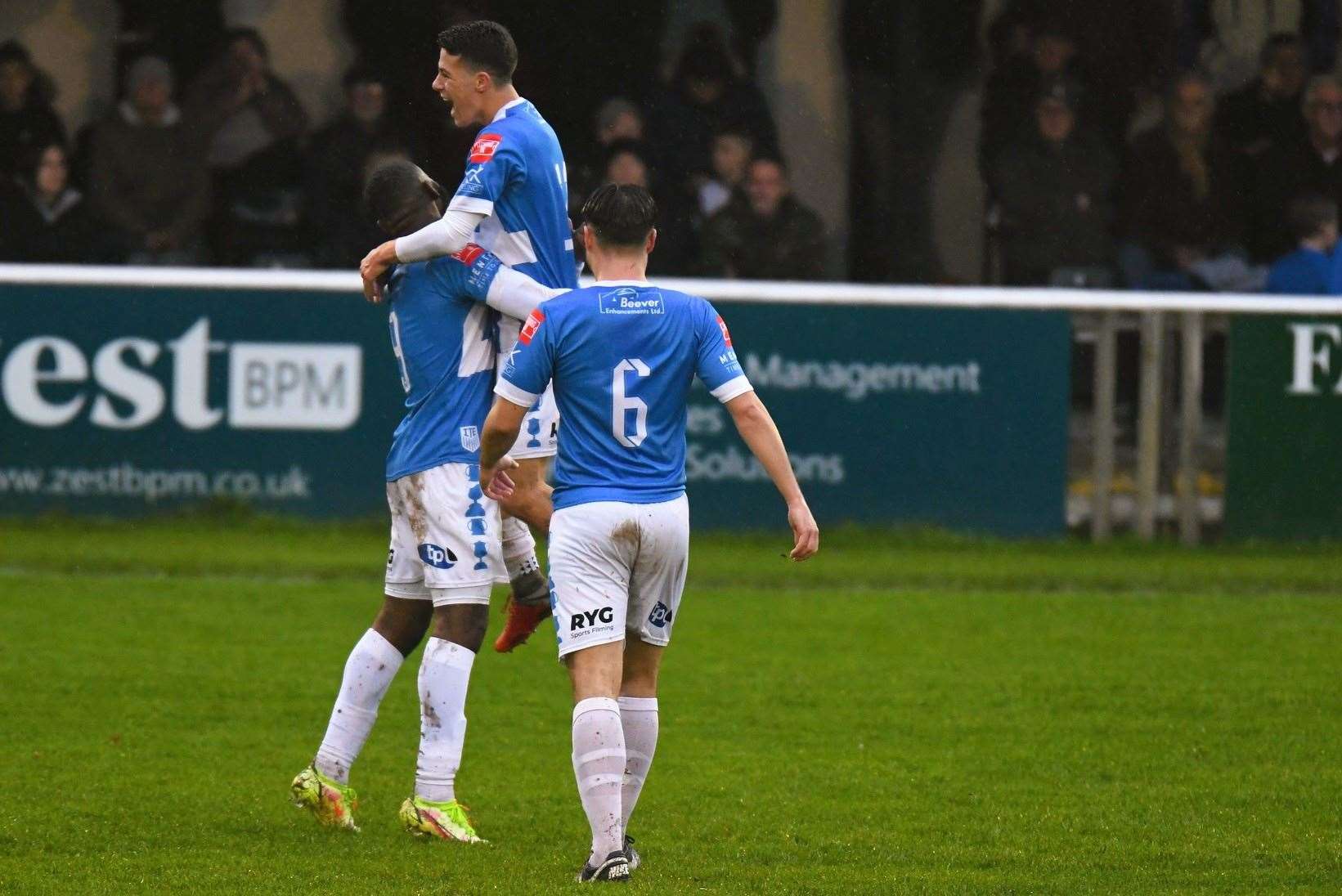 Warren Mfula celebrates completing his first-half hat-trick at Faversham. Picture: Marc Richards