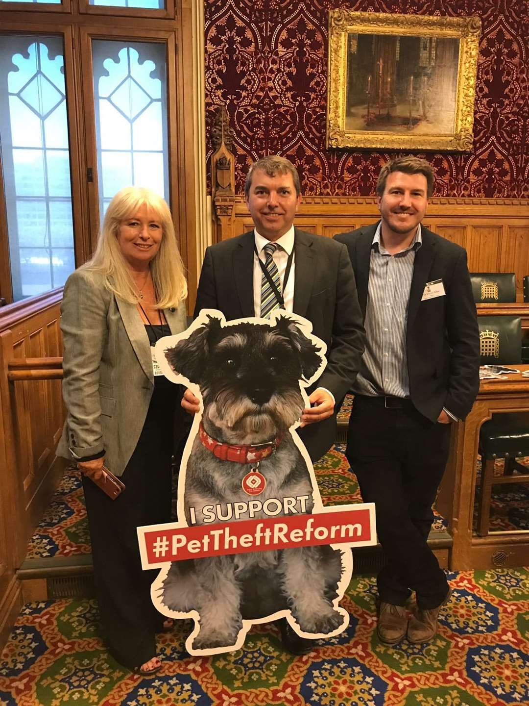 From left: Stolen and Missing Pets Alliance Chief Debbie Matthews, Dartford MP Gareth Johnson and SAMPRA Patron and pet law reform researcher Dr Daniel Allen