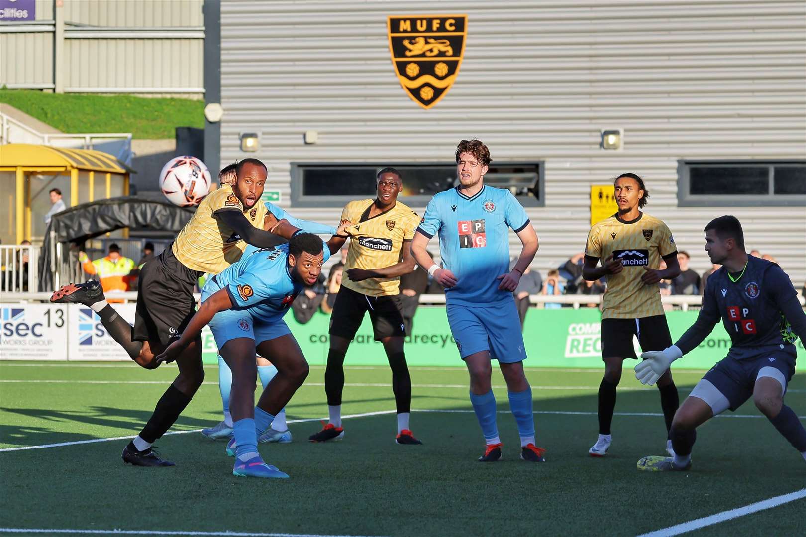 Maidstone substitute Reiss Greenidge attacks a corner. Picture: Helen Cooper