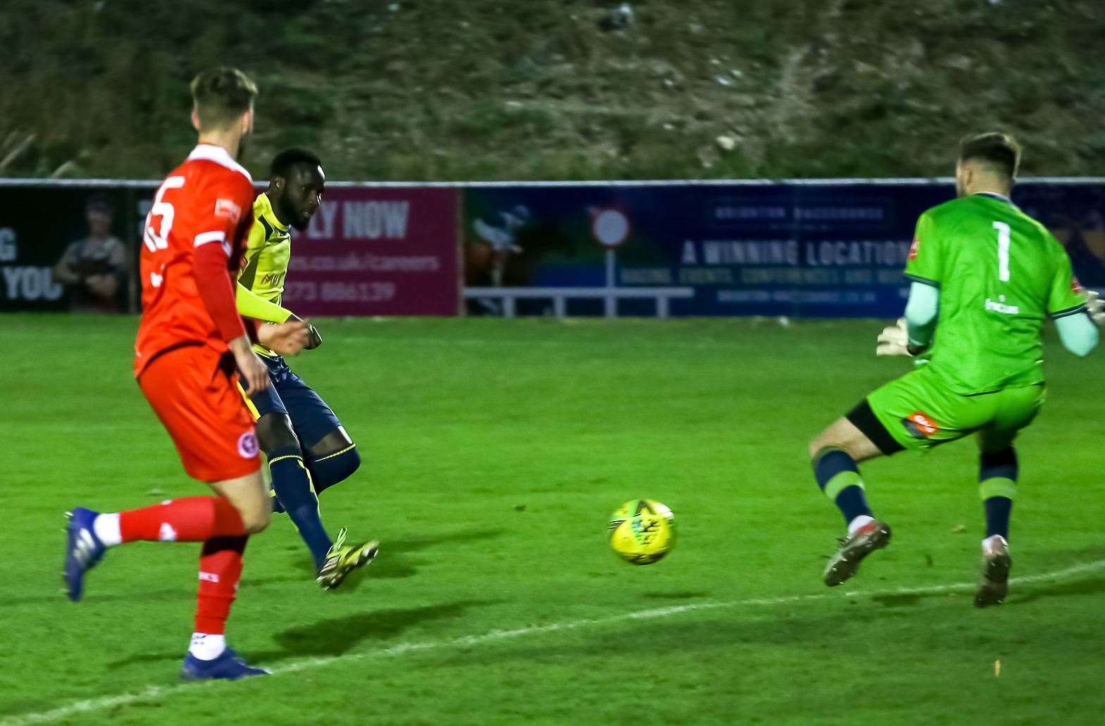 Kemo Darboe scores the only goal in Whitstable's 1-0 win at Whitehawk last Saturday. Picture: Les Biggs