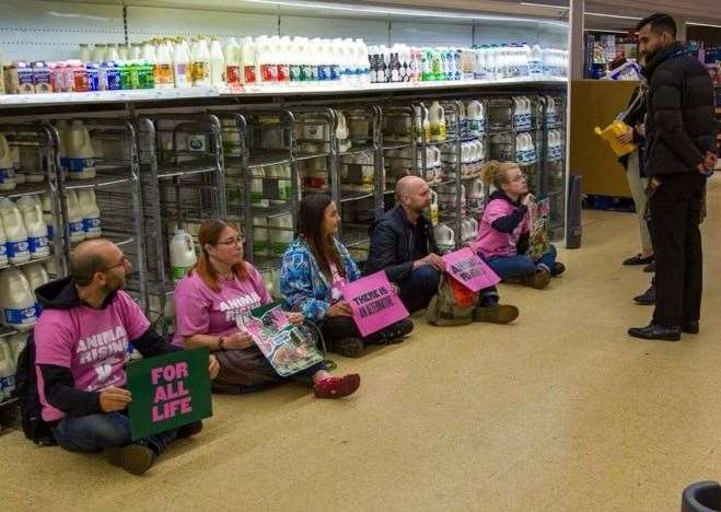 Animal Rising occupied the milk aisle at Sainsbury's in Kingsmead Road, Canterbury. Picture: Animal Rising