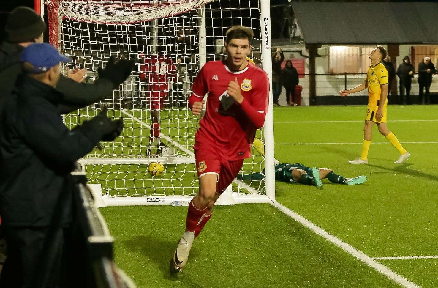 Harvey Smith celebrates his goal which puts Whitstable back in front in their 4-1 Kent Senior Trophy triumph over Bearsted. Picture: Les Biggs