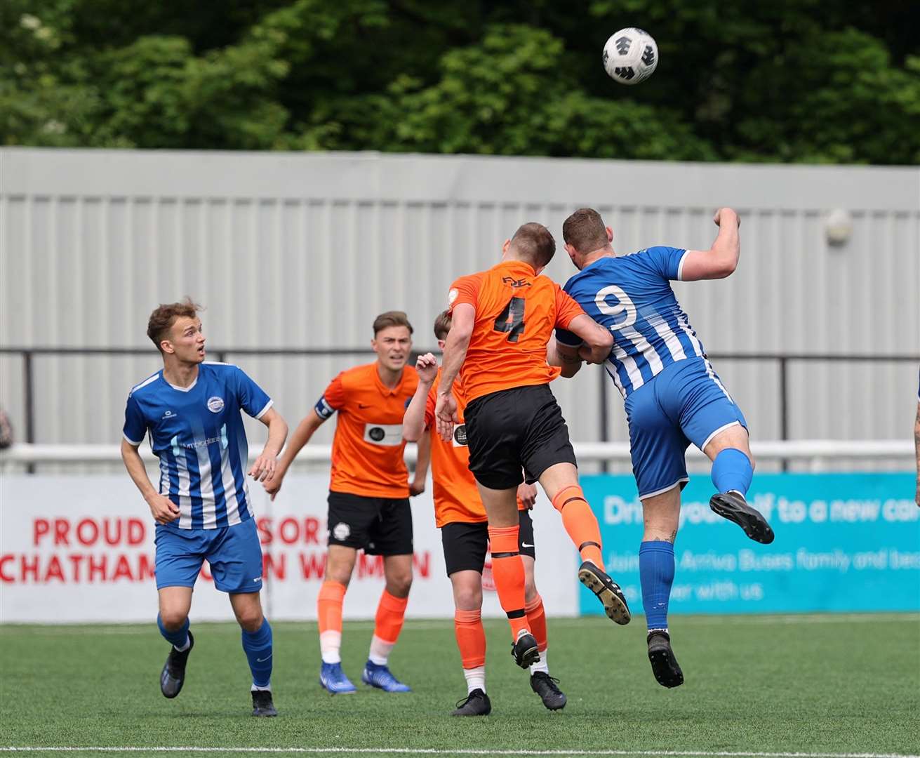 Upchurch's Alex Taylor and Sam Potter, of Aylesford, challenge for the ball in the air. Picture: PSP Images