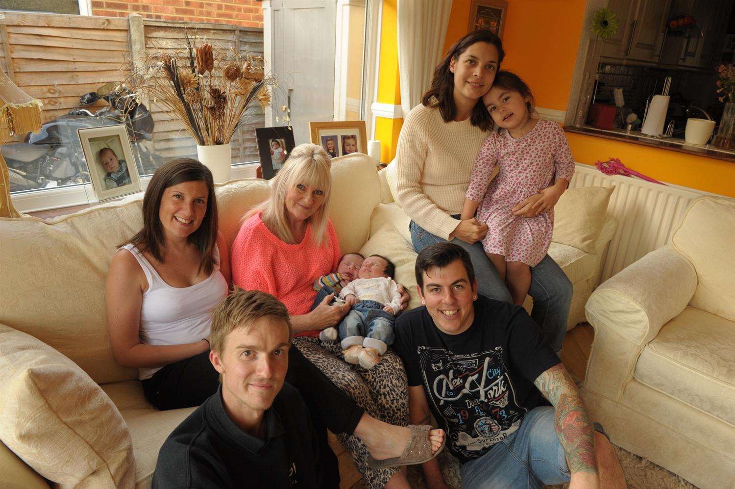 Jackie Bravo with grandchildren Beau Brett and Koby Bravo, Lucia Bravo and Ryan Brett (left of Jackie), Loz and Chrissie Bravo with daughter Eyva. Picture: Steve Crispe