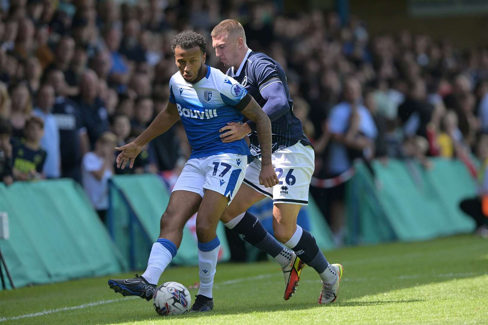 Jayden Clarke on the ball for Gillingham with Alex Mitchell looking to make a challenge Picture: Keith Gillard