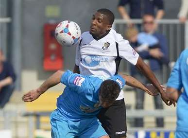 Tyrone Sterling gets up high against Tamworth Picture: Andy Payton