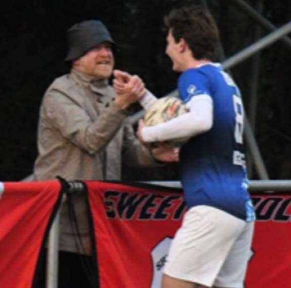 Andy Gray and former Sheppey captain Billy Bennett celebrate Sheppey’s Kent Senior Trophy semi-final win against Glebe. Pic: Mark Richards