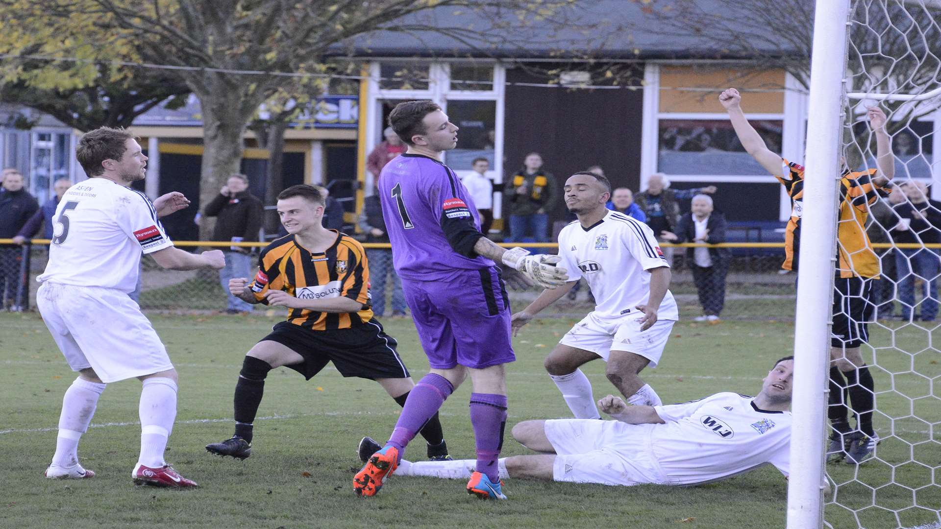 Jordan Wright scores Folkestone's second goal in their 3-2 FA Trophy first qualifying round win over Thurrock last season.