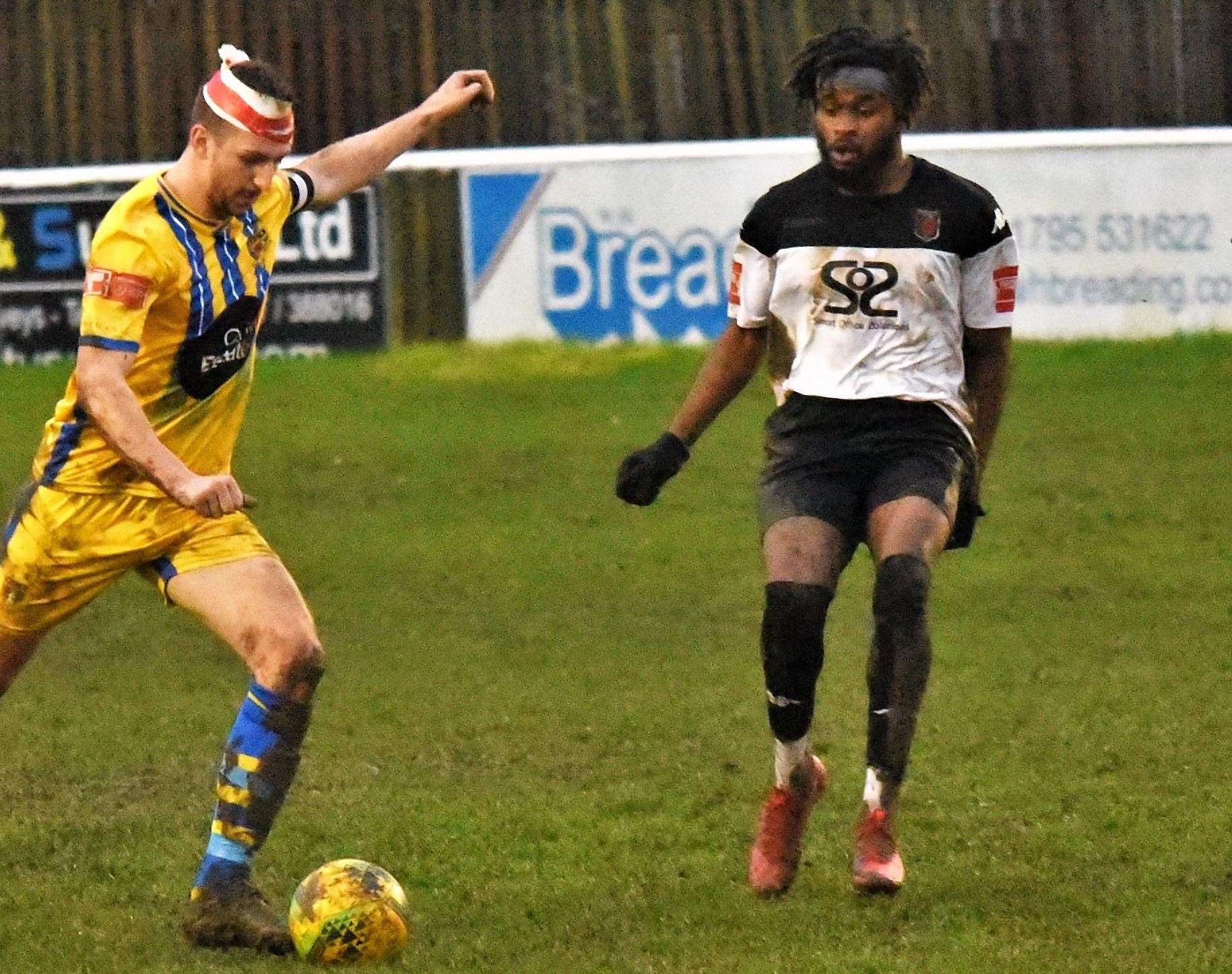 Striker Emmanuel Oluwasemo, right, has also joined Margate having left Faversham. Picture: Ken Medwyn