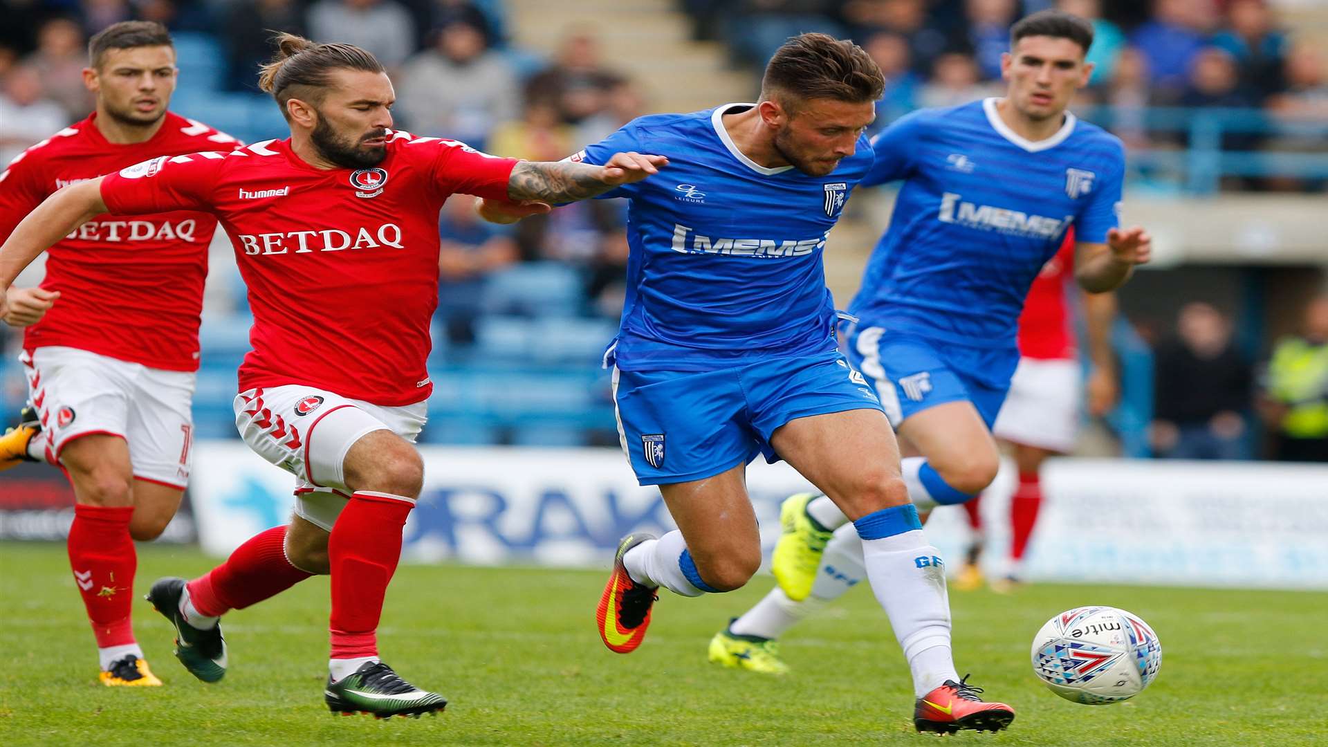 Gillingham's Luke O'Neill in action against Charlton. Picture: Andy Jones