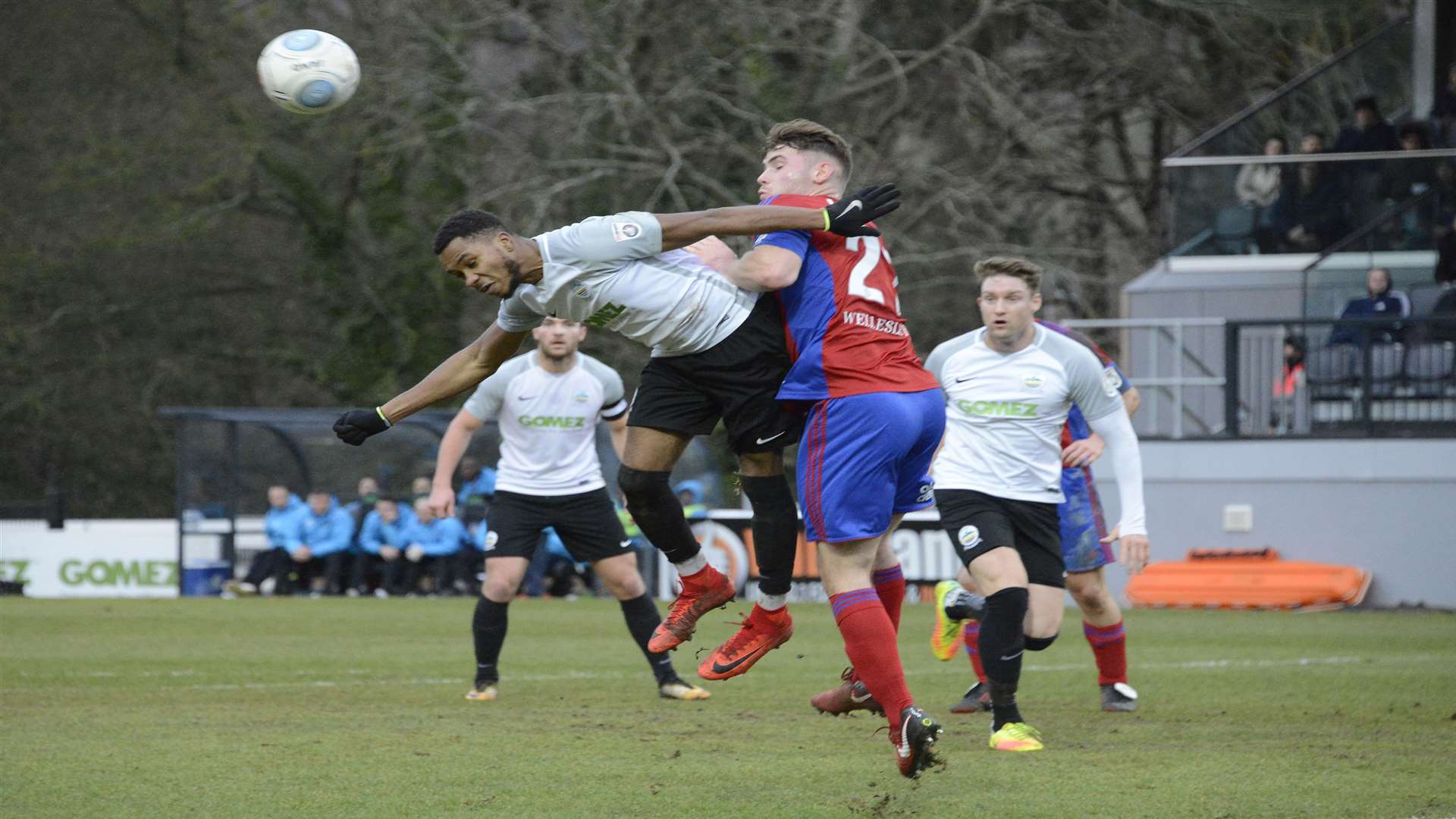 Kane Richards challenges for the ball for Dover. Picture: Paul Amos