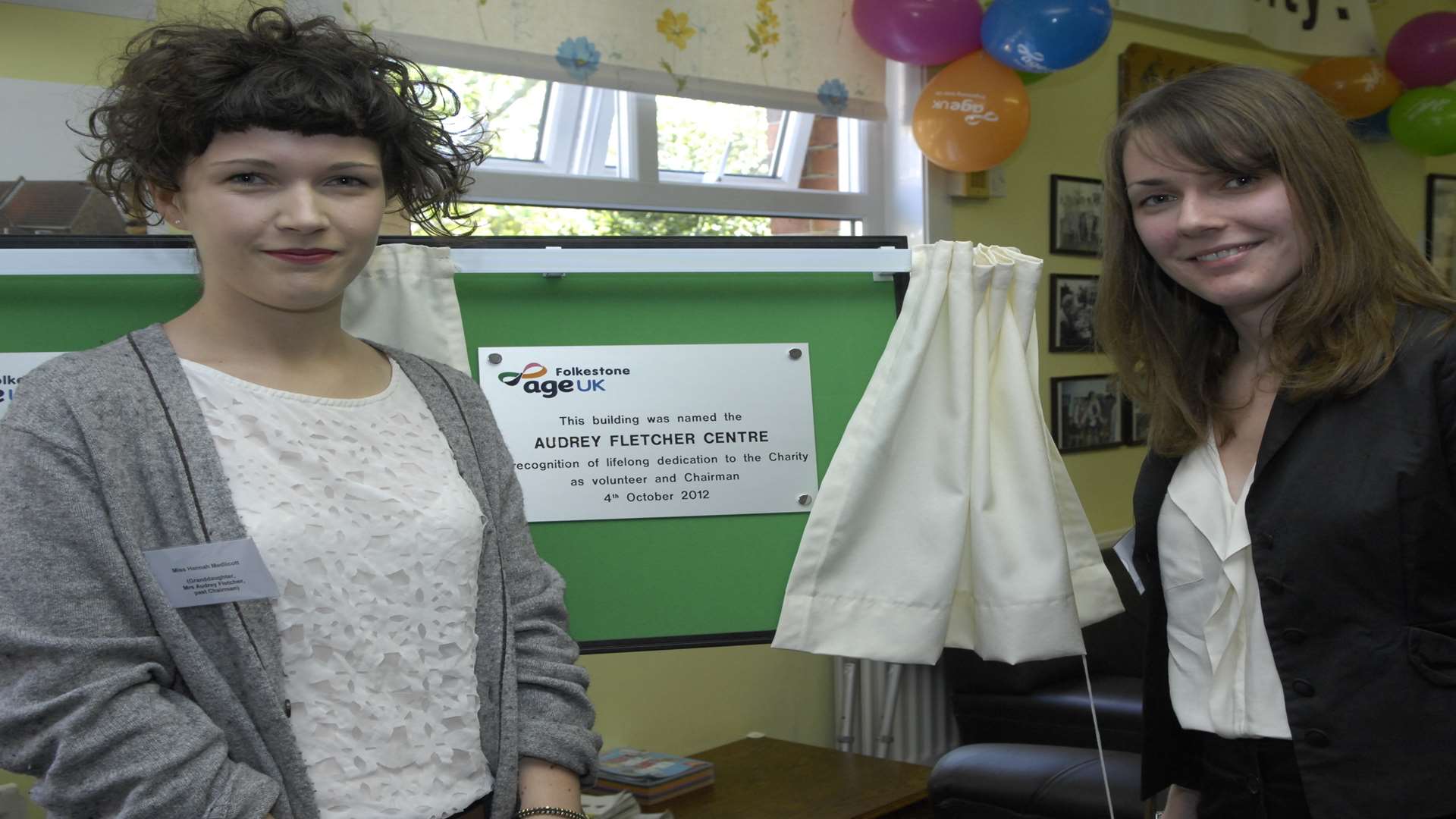 Audrey Fletcher's granddaughters Hannah and Catherine Medlicott unveiled the plaque - naming the building the Audrey Fletcher Centre in 2012