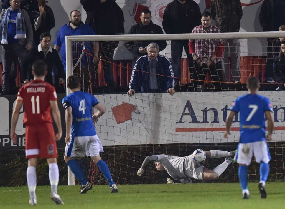 Welling keeper Mike McEntegart saves Sean Cronin's spot-kick. Picture: Keith Gillard