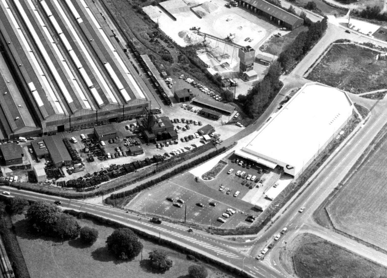 A 1976 shot of South Ashford. The former Cartier’s store - now Matalan - is pictured on the right, with the Chart Leacon railway works on the left