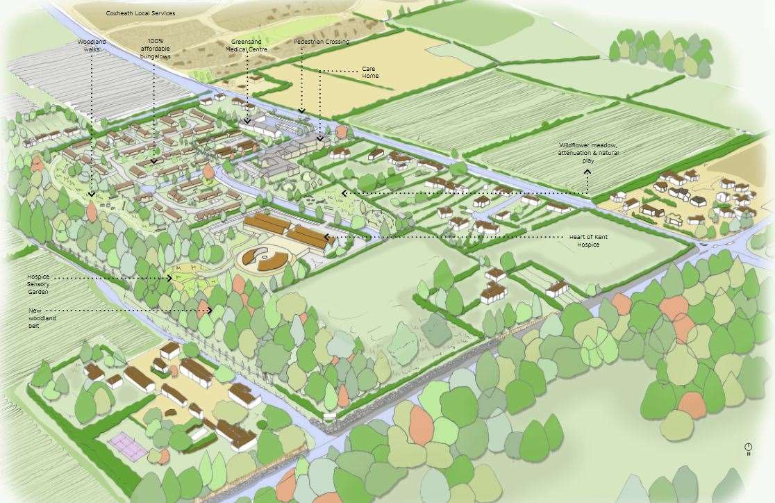 The complex will consist of a 73 unit care home, a 14 unit supported living block for autistic adults, a new 12-bed Heart of Kent Hospice, and up to 70 affordable bungalows for the elderly. Photo: DHA Design